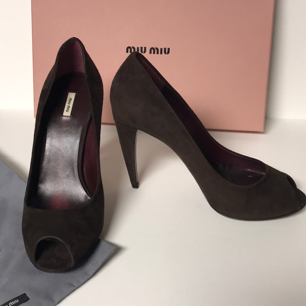 Miu Miu Brown Suede Peep Toe Pumps